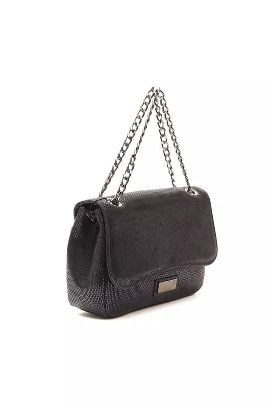Black leather crossbody bag with silver chain strap