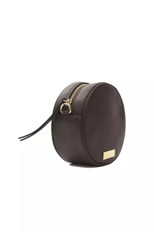 Small brown leather handbag with gold accents