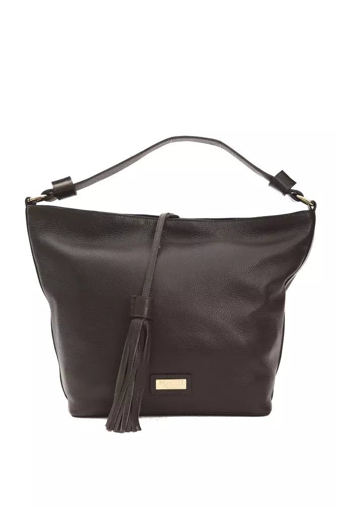 Black leather handbag with long strap and fringe detail