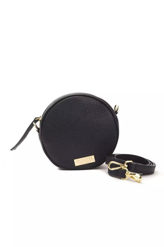 Black leather crossbody bag with gold accents