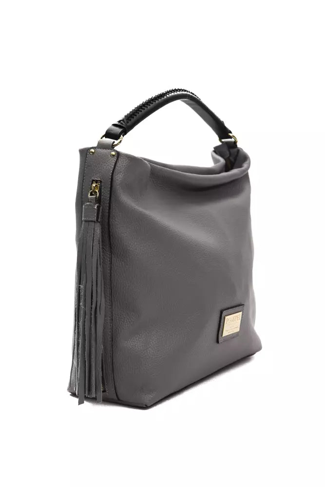Grey leather handbag with fringe detailing on handle