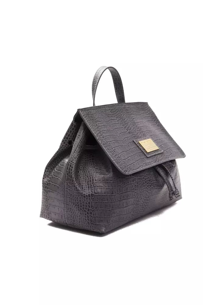 Black leather handbag with a gold buckle