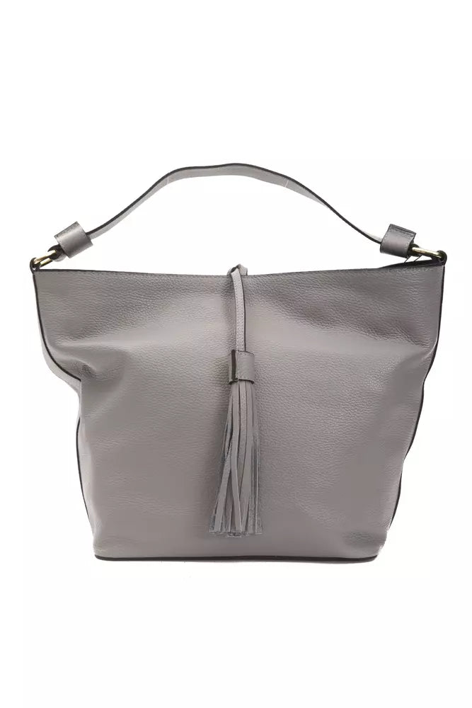 Grey leather handbag with fringe detail on strap