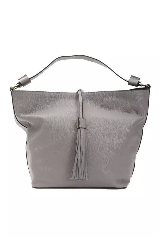 Grey leather handbag with fringe detail on strap