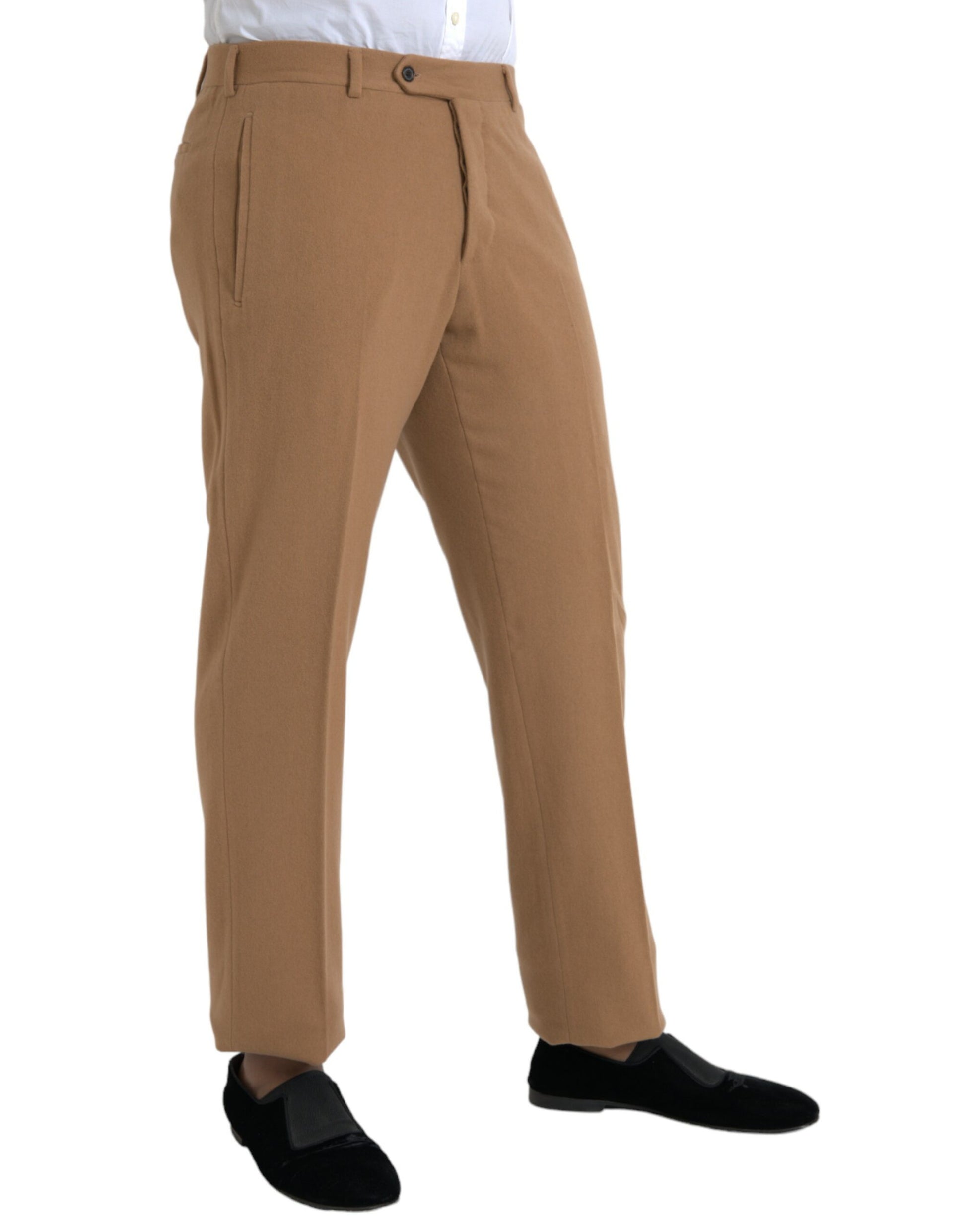 Pair of brown trousers worn by a man