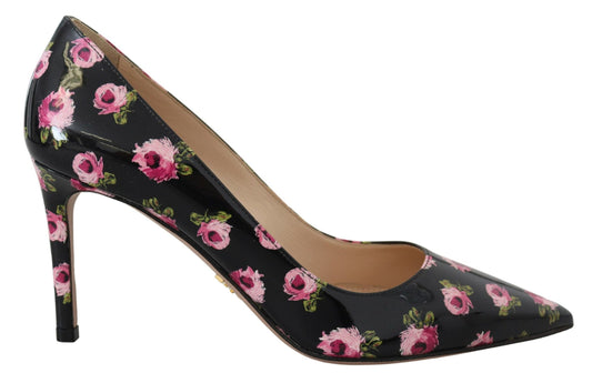 Black high heel shoe with floral print on toe and heel