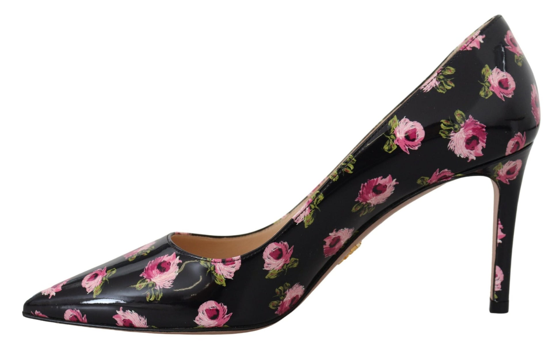 Black high heel shoe with floral print on toe and heel