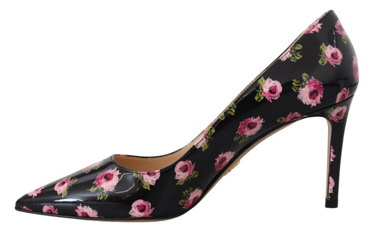 Black high heel shoe with floral print on toe and heel
