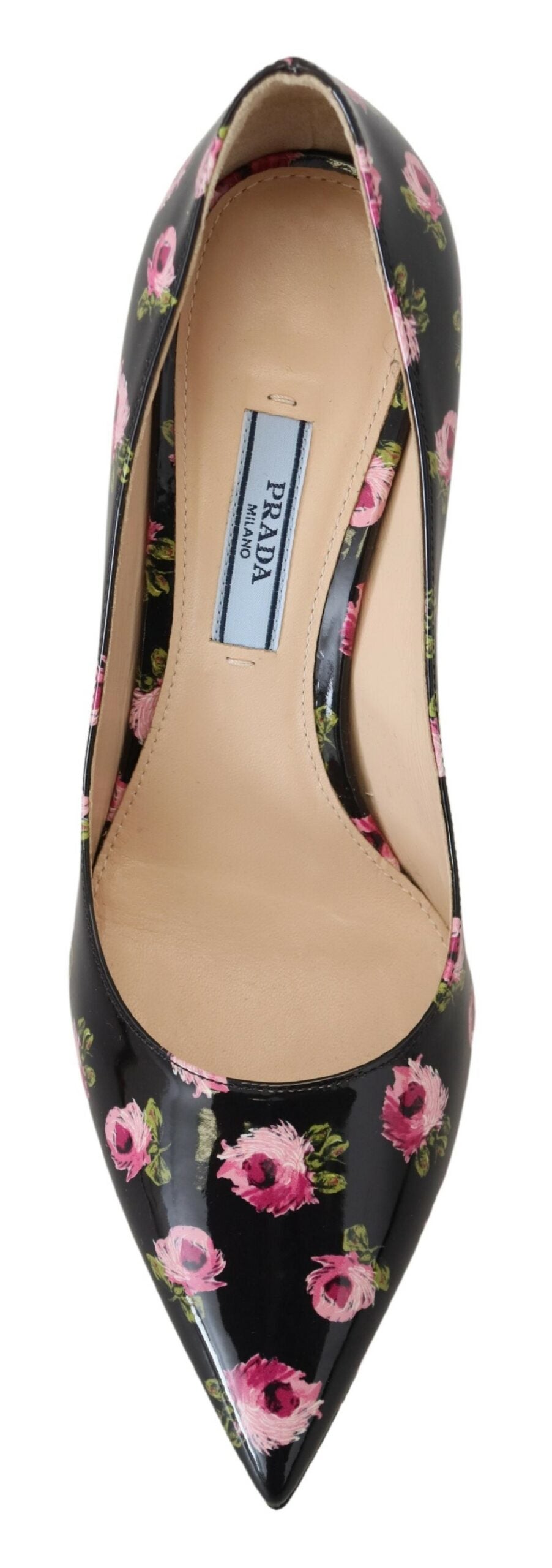 Black high heel shoe with floral print on toe and heel
