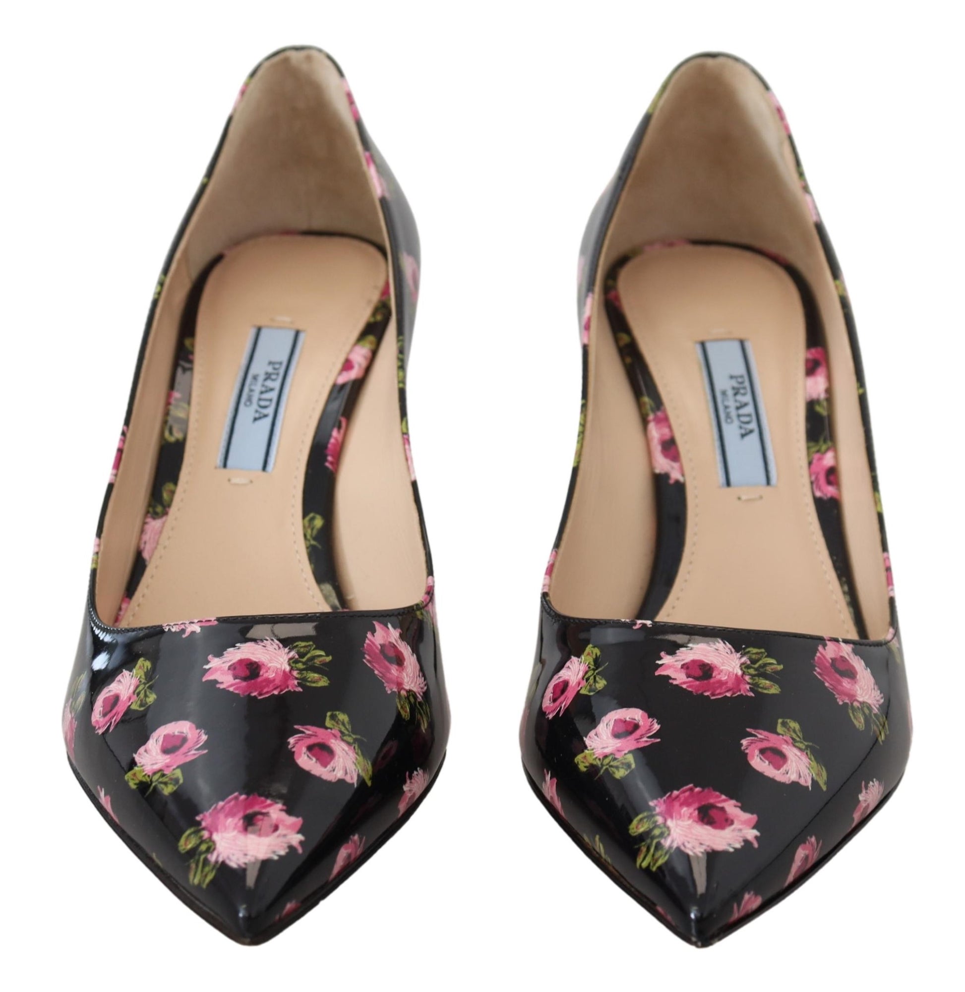 Pair of women's flats with a floral print design on the toe and heel