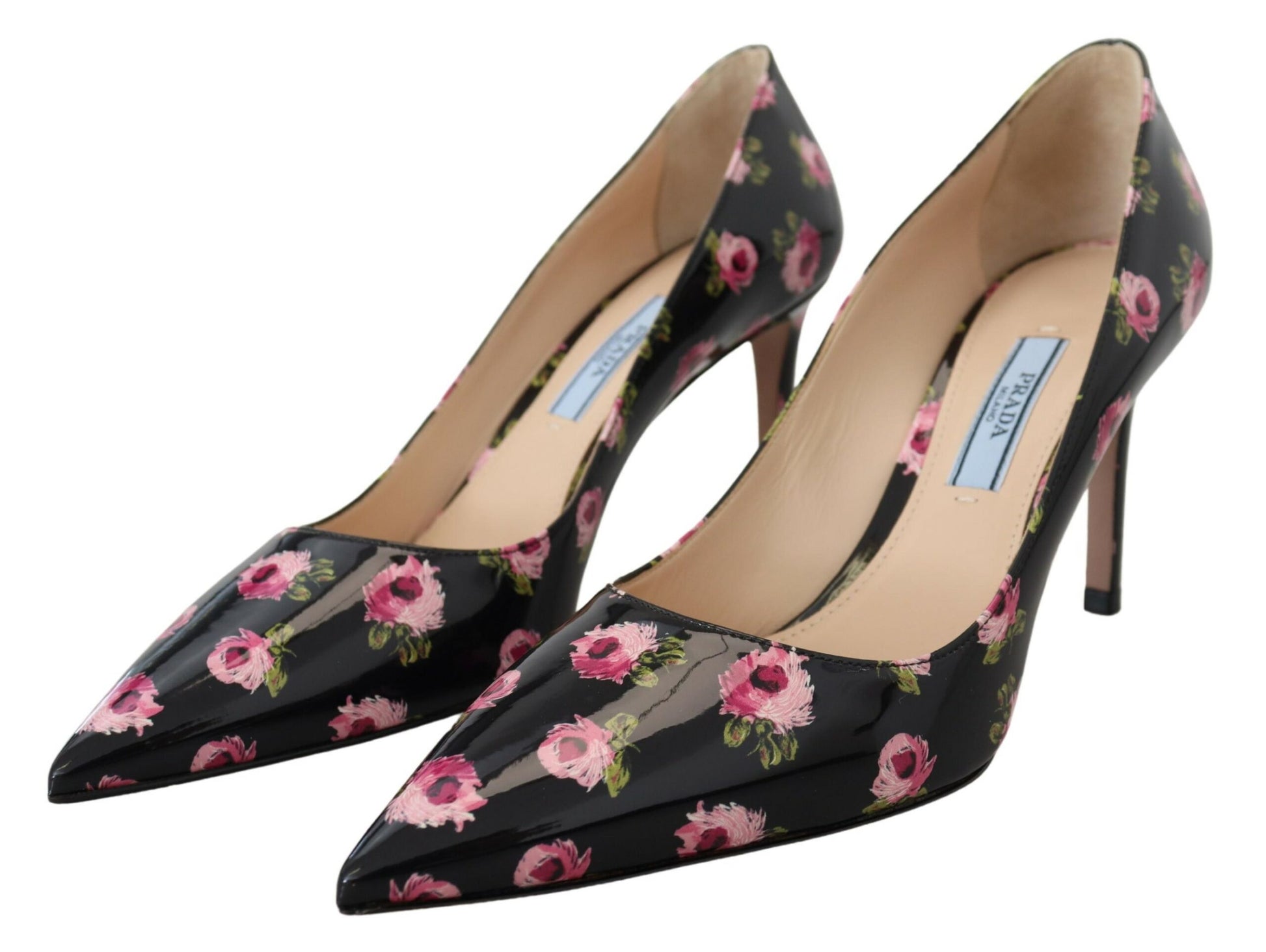 Pair of black high heel shoes with floral print on toe and heel