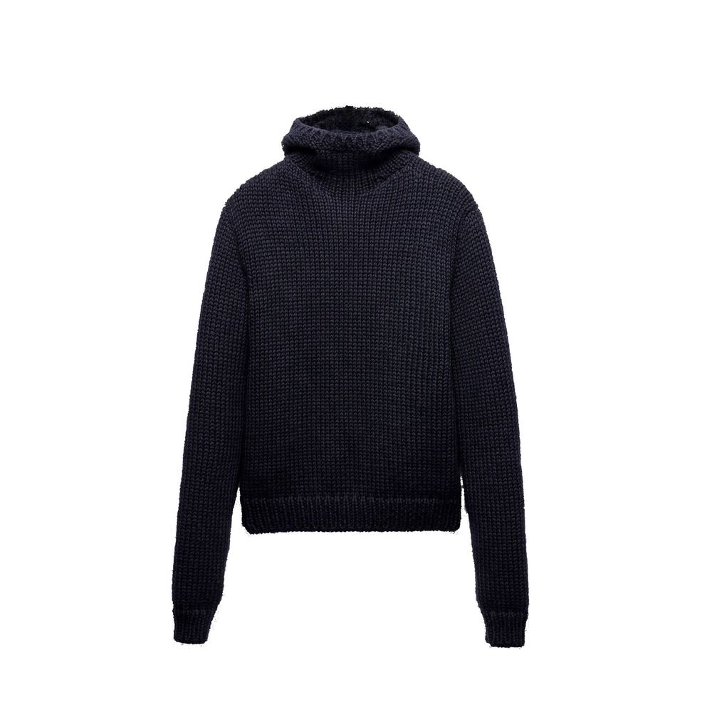 Navy blue knit sweater with ribbed cuffs and hem
