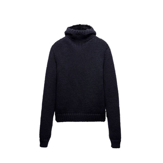 Navy blue knit sweater with ribbed cuffs and hem