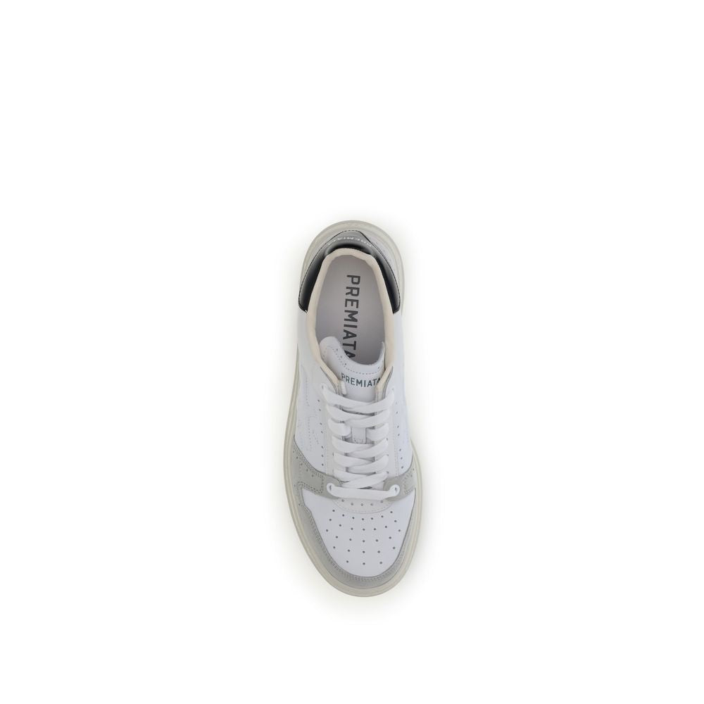 White calf leather sneakers with black laces and sole, low top style