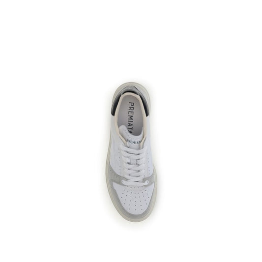 White calf leather sneakers with black laces and sole, low top style