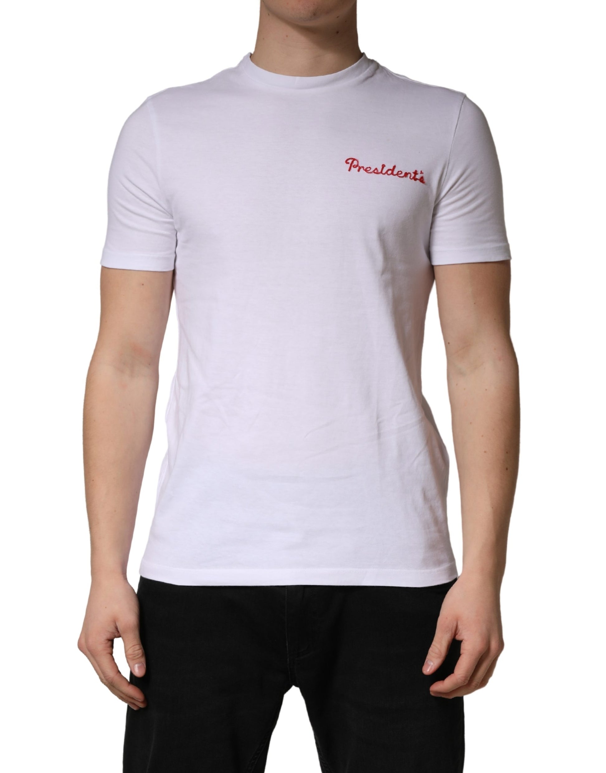 White short sleeve t-shirt with red logo on front