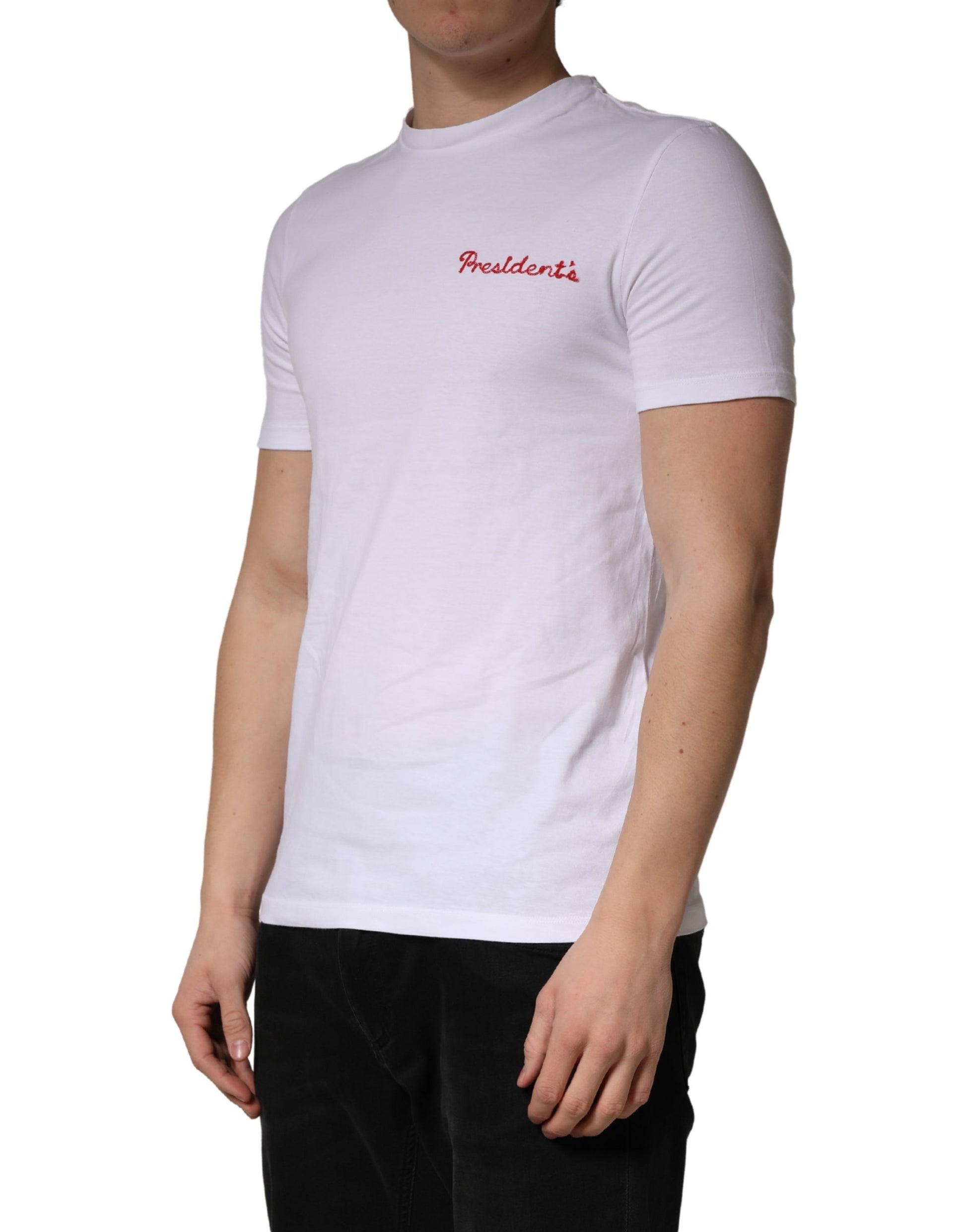 White short sleeve t-shirt with red logo on front