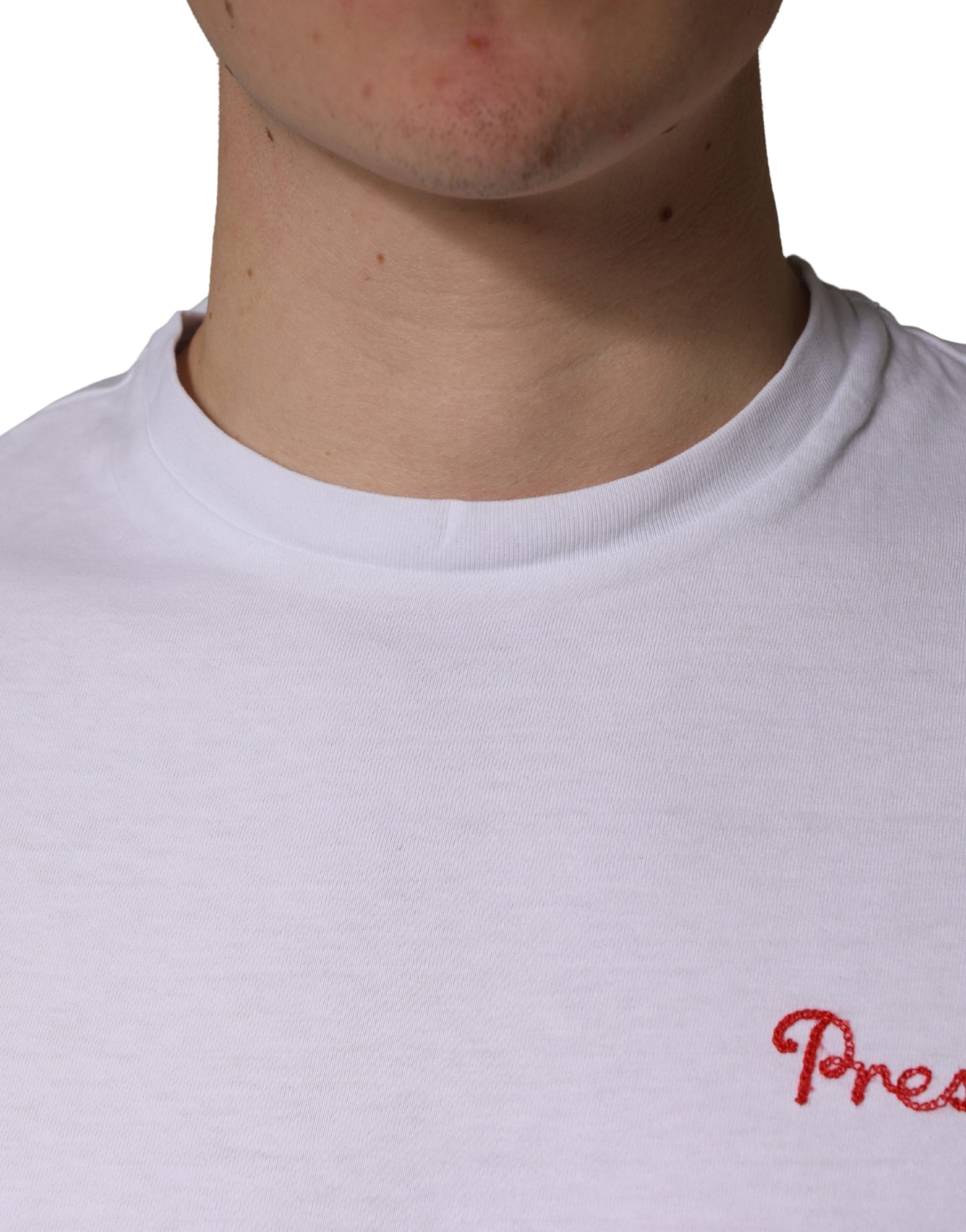 White t-shirt with red lettering