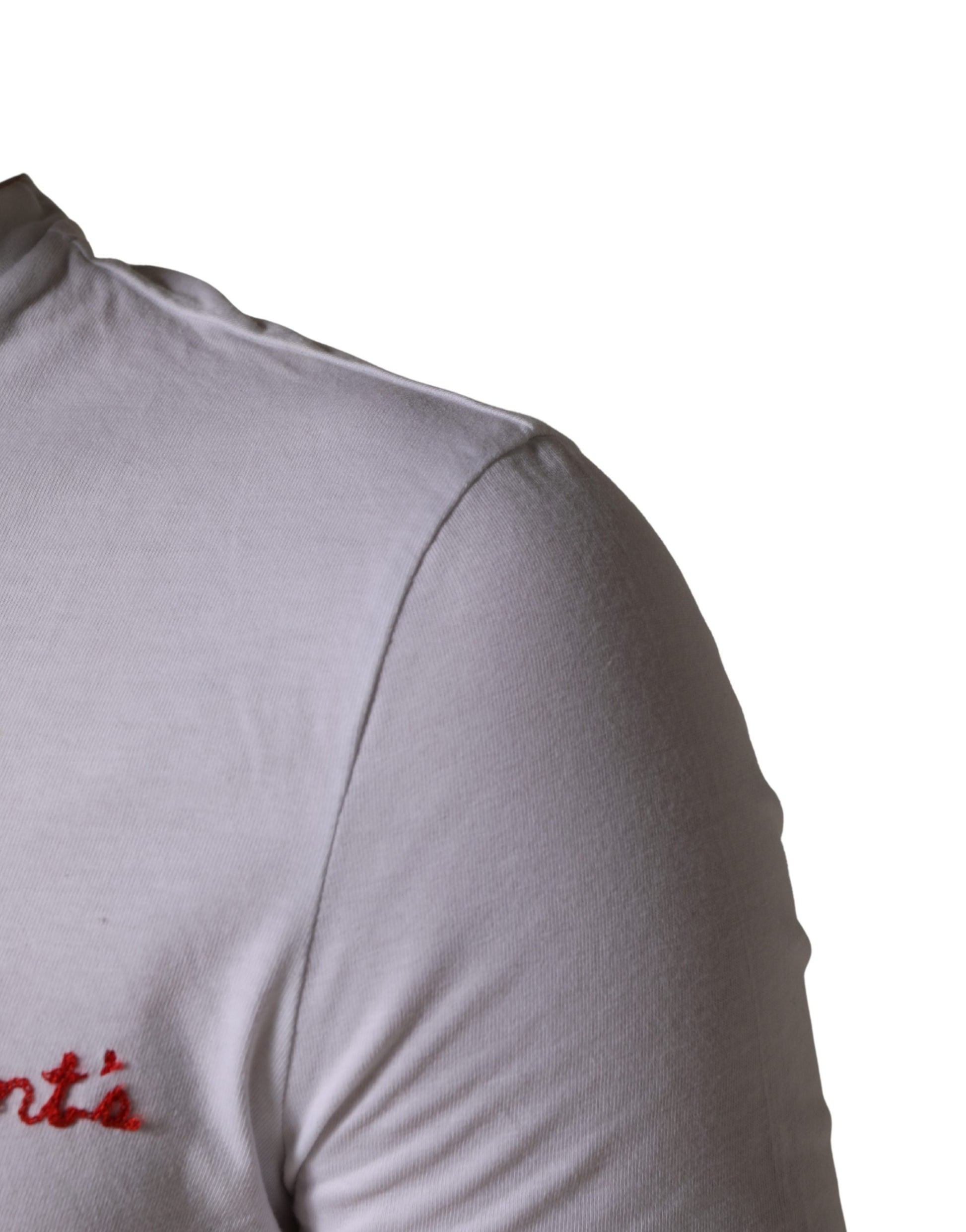 White short sleeve shirt with red logo on left shoulder