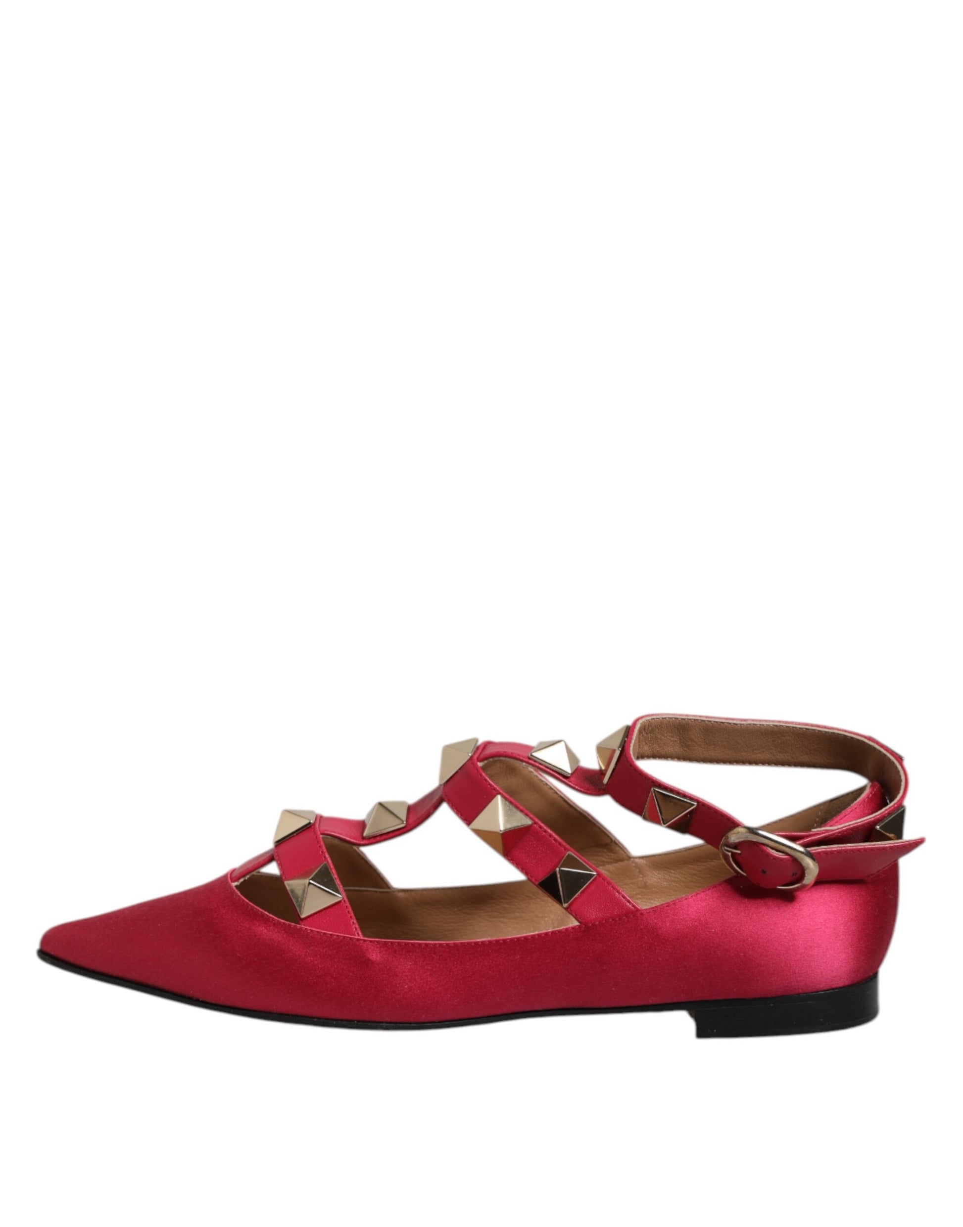 Red women's flat shoes with gold buckles