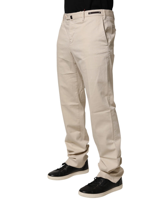 Tan men's chino pants with mid-waist and straight leg