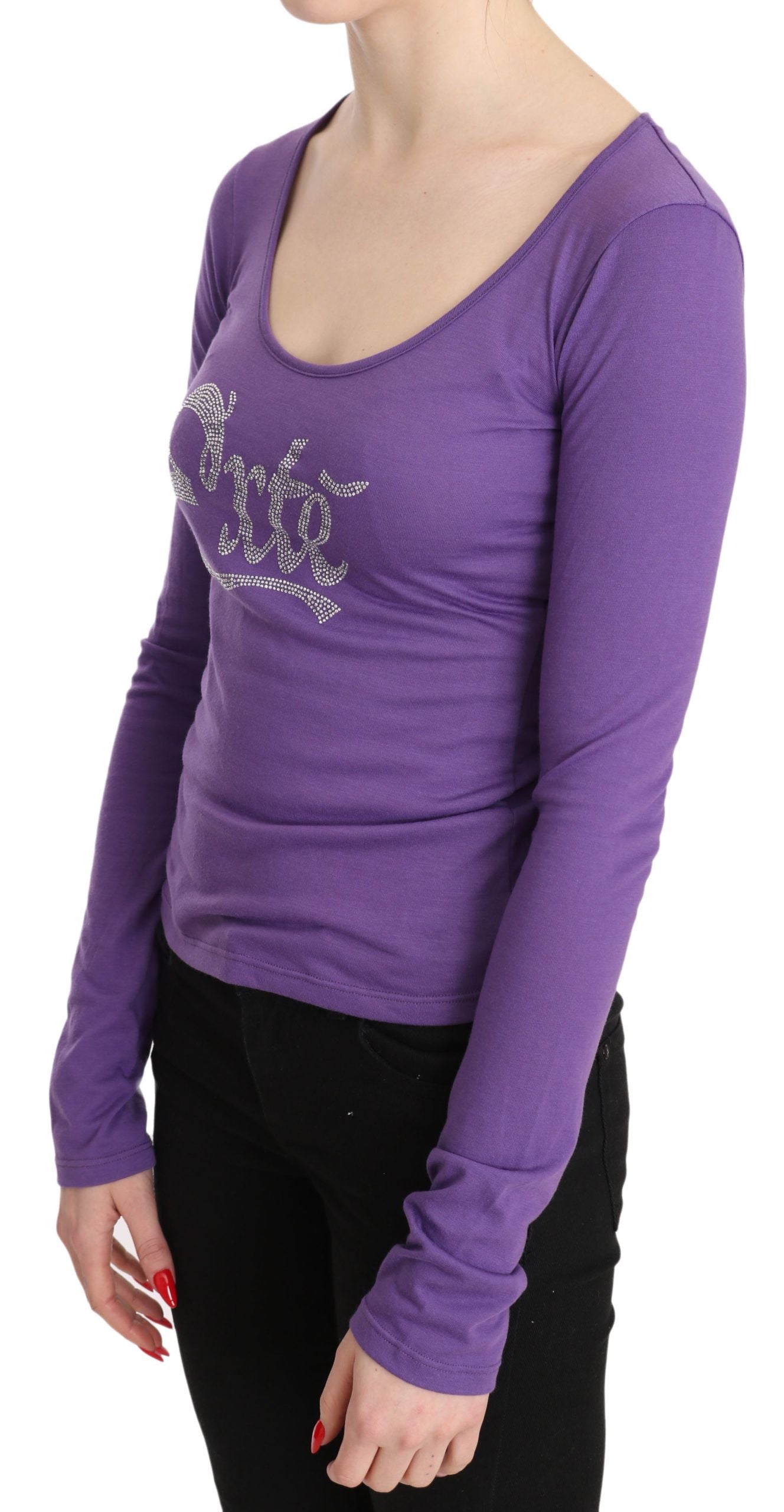Long sleeve purple shirt with embroidered design on chest