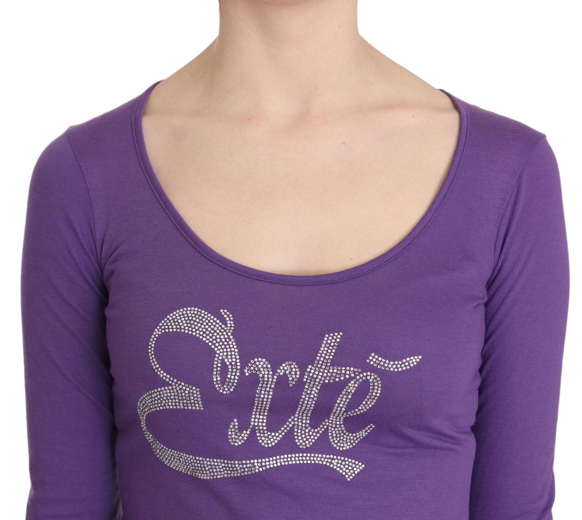 Purple long sleeve shirt with embroidered cursive text