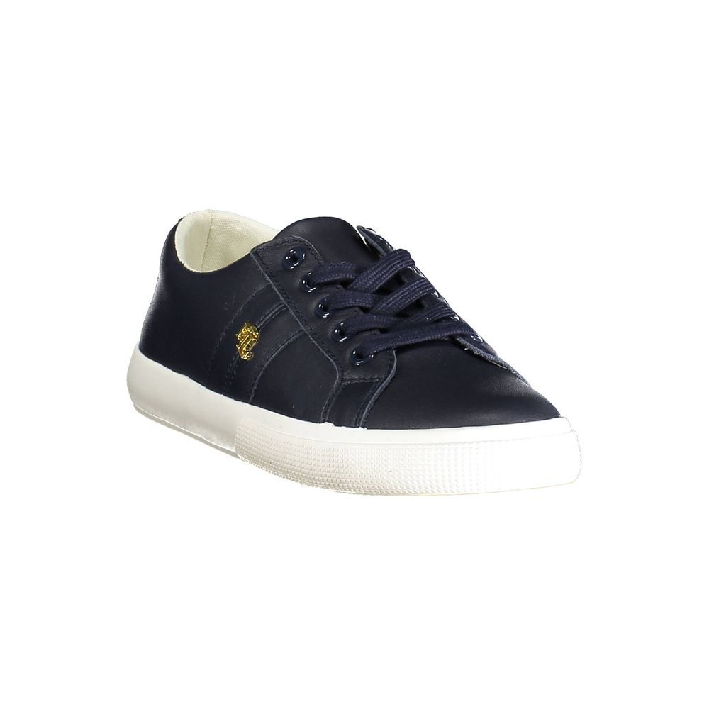 A blue leather women's sneaker with white sole, featuring a gold logo on the side