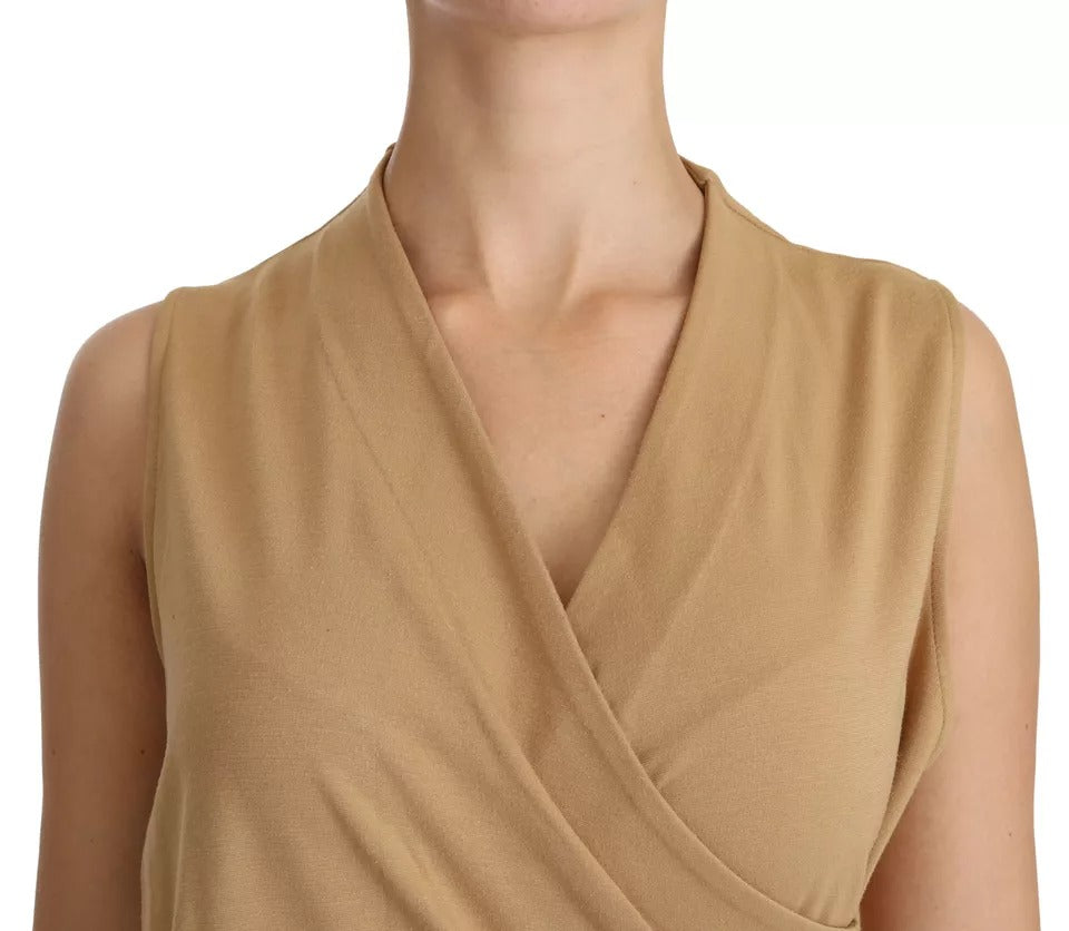 A woman wearing a brown viscose dress with a V-neck and knee length