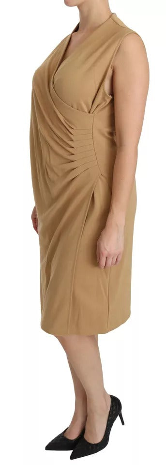 A brown knee length dress with a V-neckline and viscose material