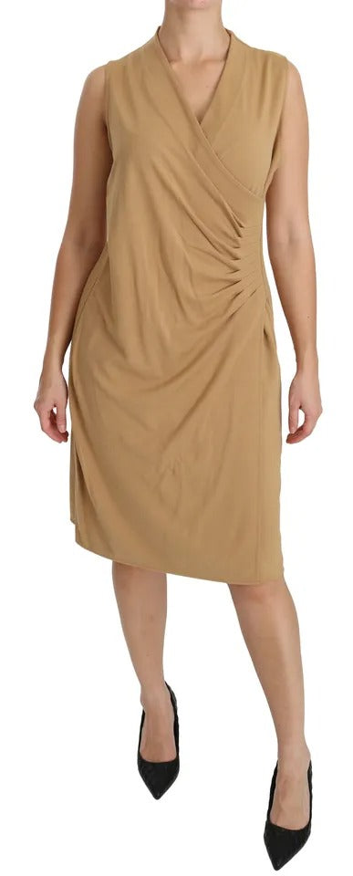 A brown knee length dress with a V-neck and viscose material