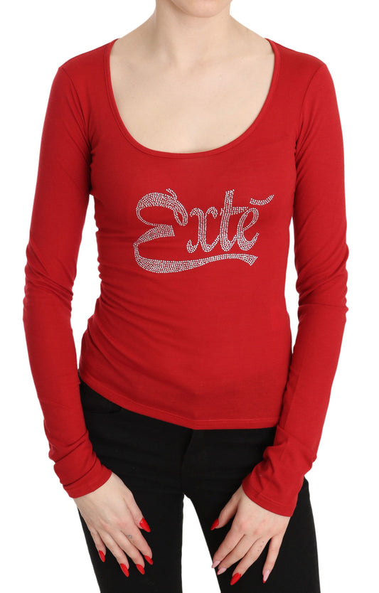 Red long sleeve shirt with white lettering on front