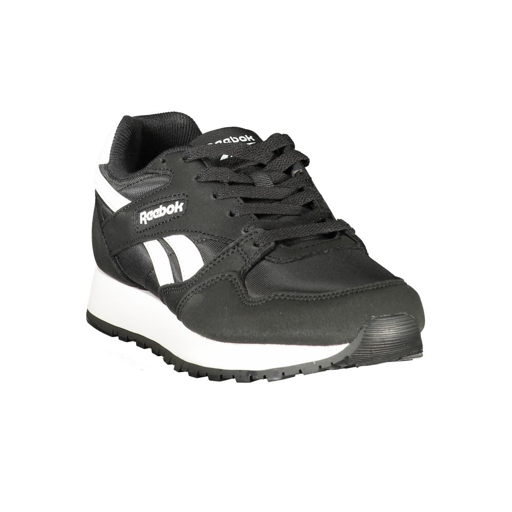 A black women's sneaker with white sole, featuring a logo on the side and laces for closure