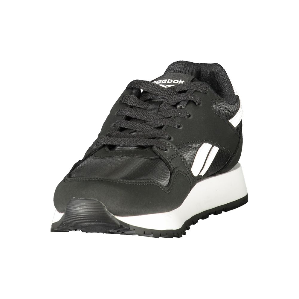 A black women's sneaker with white sole, laces, and brand logo