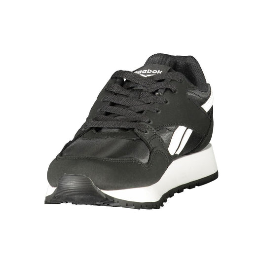 A black women's sneaker with white sole, laces, and brand logo