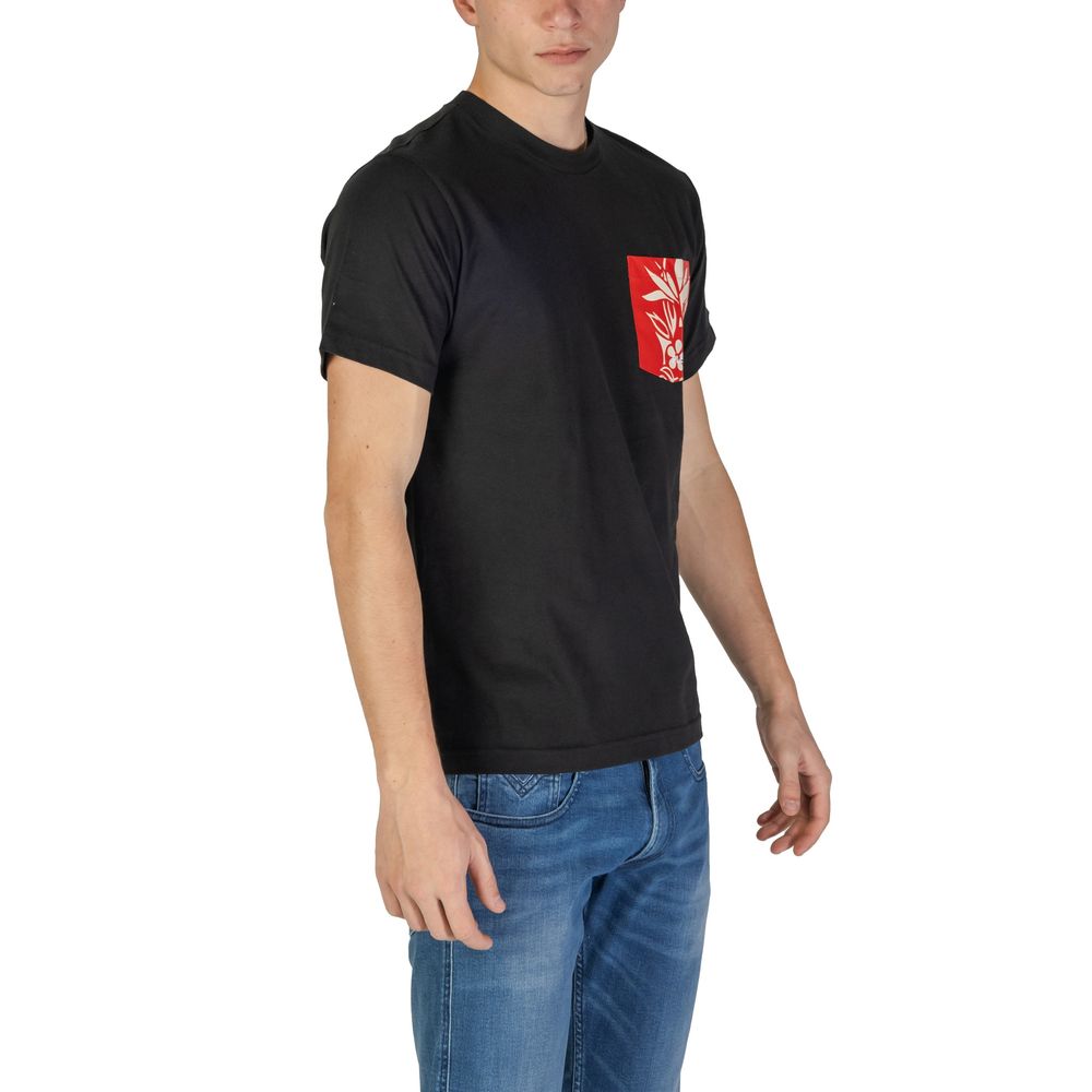 A black cotton t-shirt with a red logo on the front