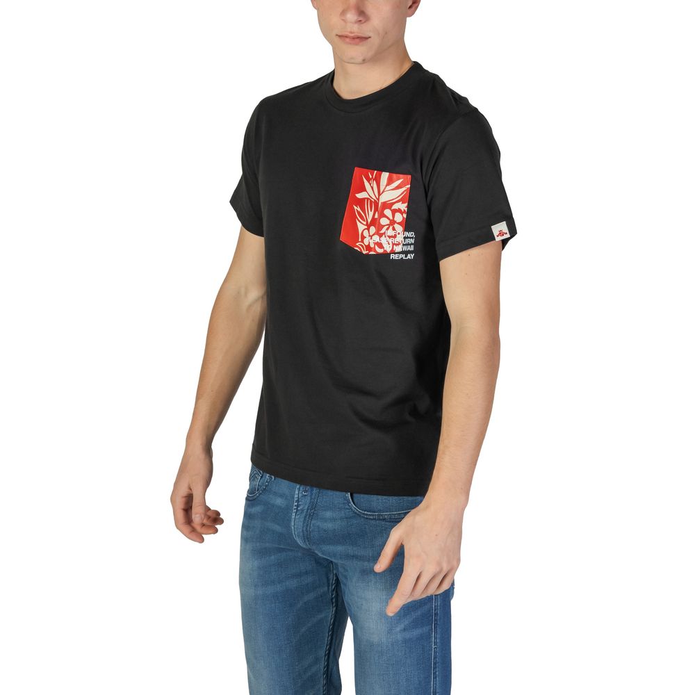 A black t-shirt with a red graphic on the front