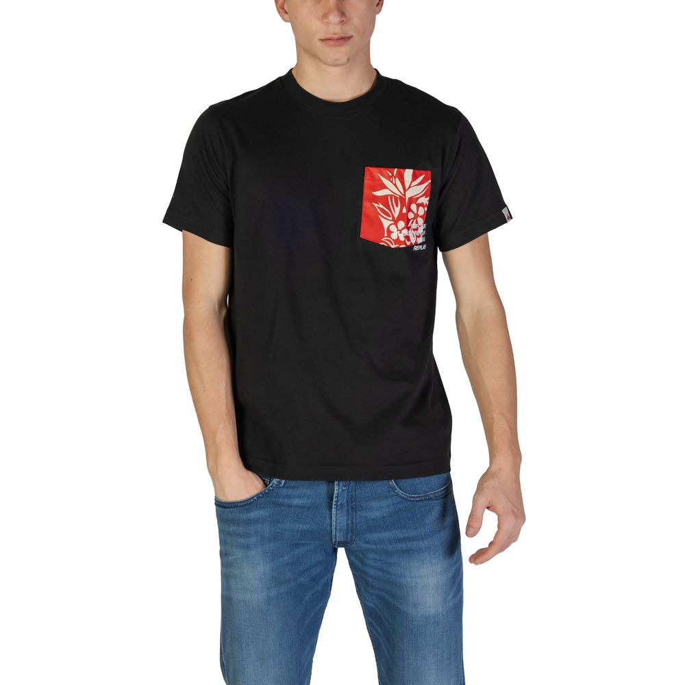 A black cotton t-shirt with a red graphic on the front