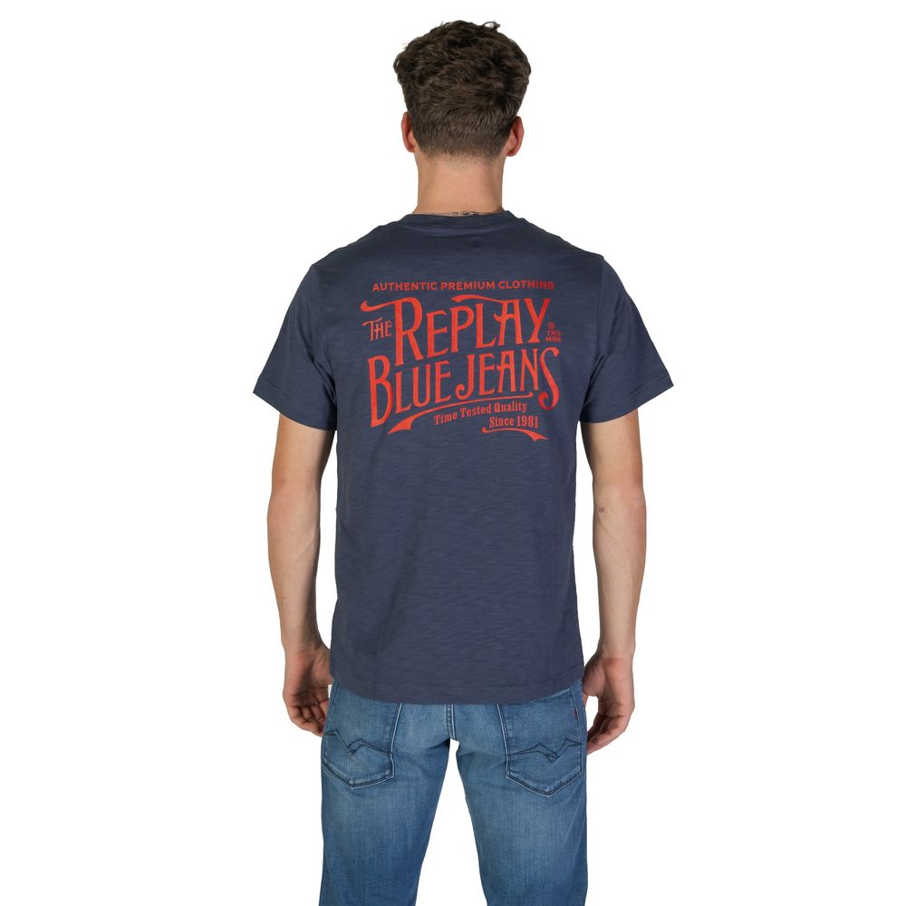Navy blue t-shirt with red text reading "Replay Blue Jeans" on back