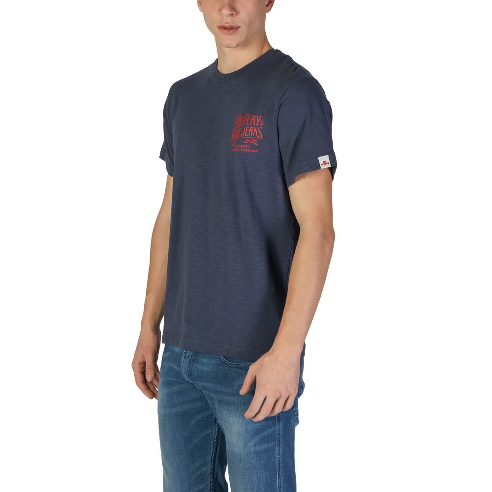 Navy blue t-shirt with red text on front