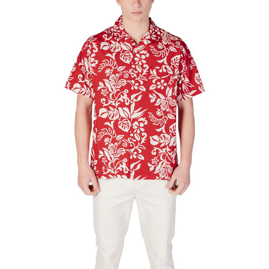 Man wearing red hawaiian shirt with white flowers