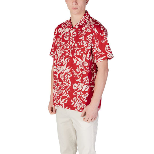 Red aloha shirt with white floral pattern