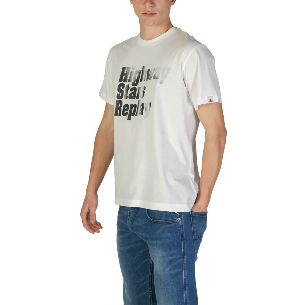 A white cotton t-shirt with black text