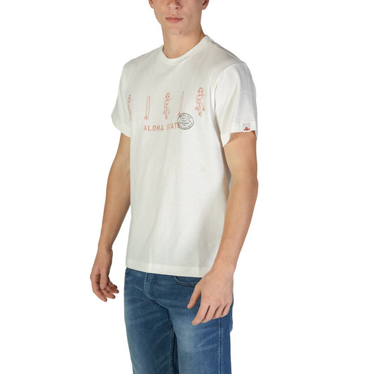 A white cotton t-shirt with a graphic design on the front