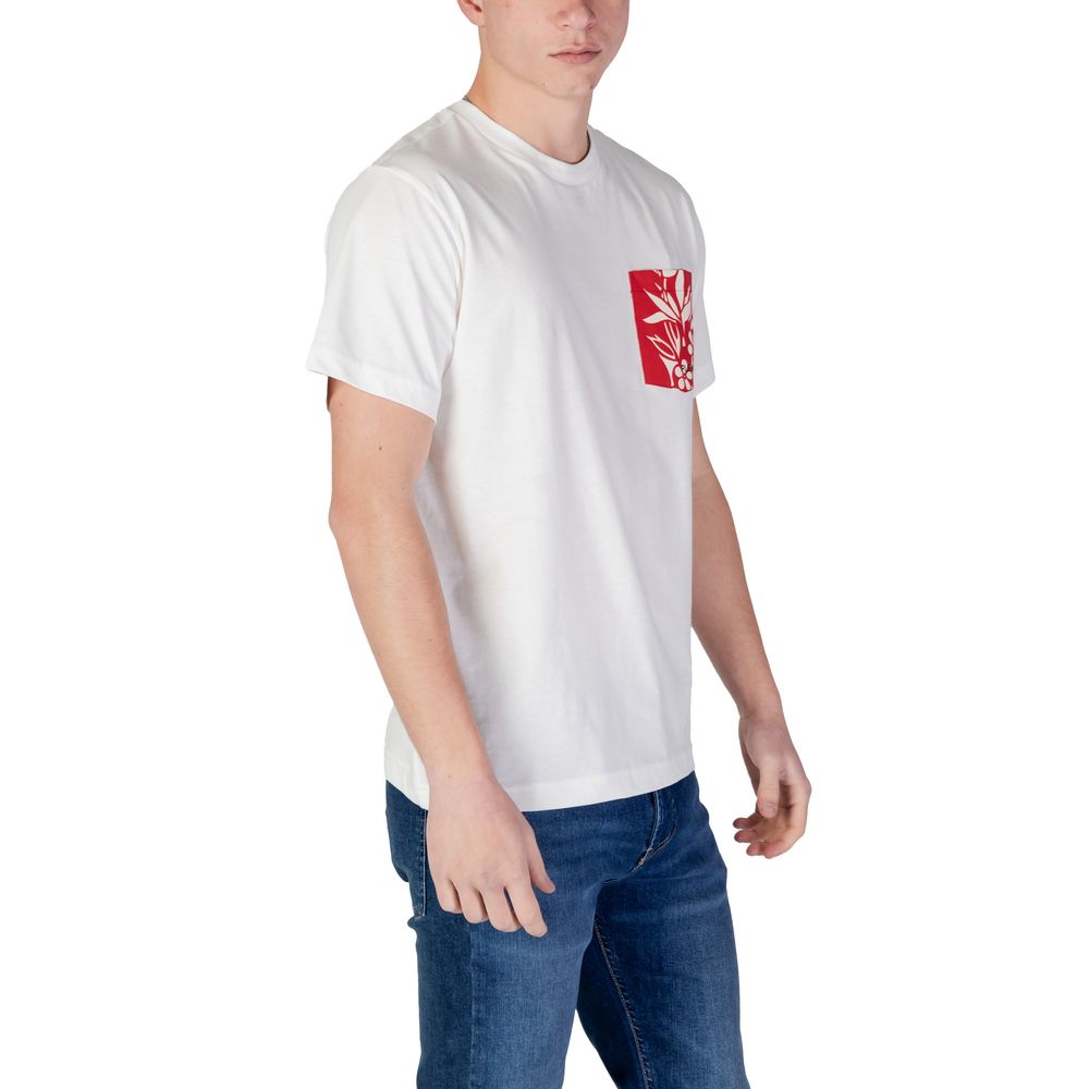 A white cotton t-shirt with a red graphic on the front