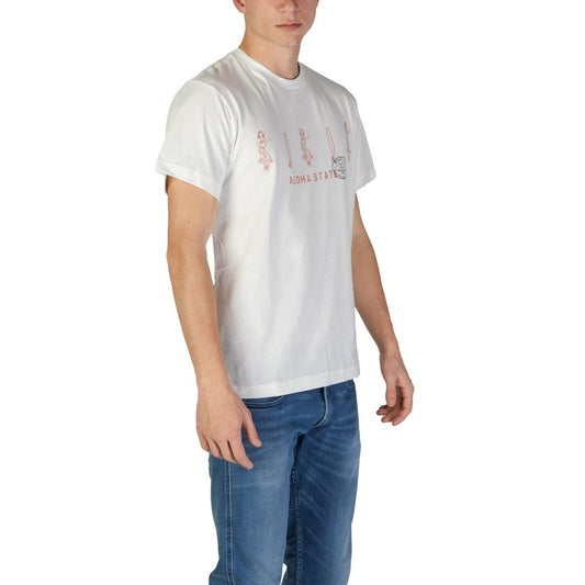 A man wearing a white cotton t-shirt with graphic design on front