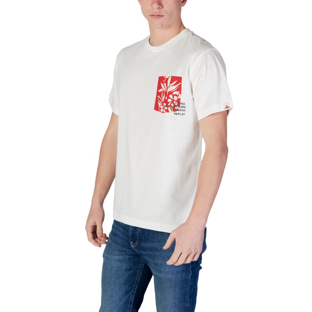 A white cotton t-shirt with a red graphic on the front