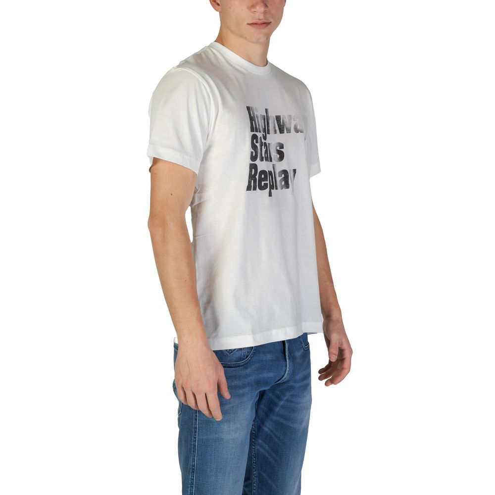 A white cotton t-shirt with black text on it