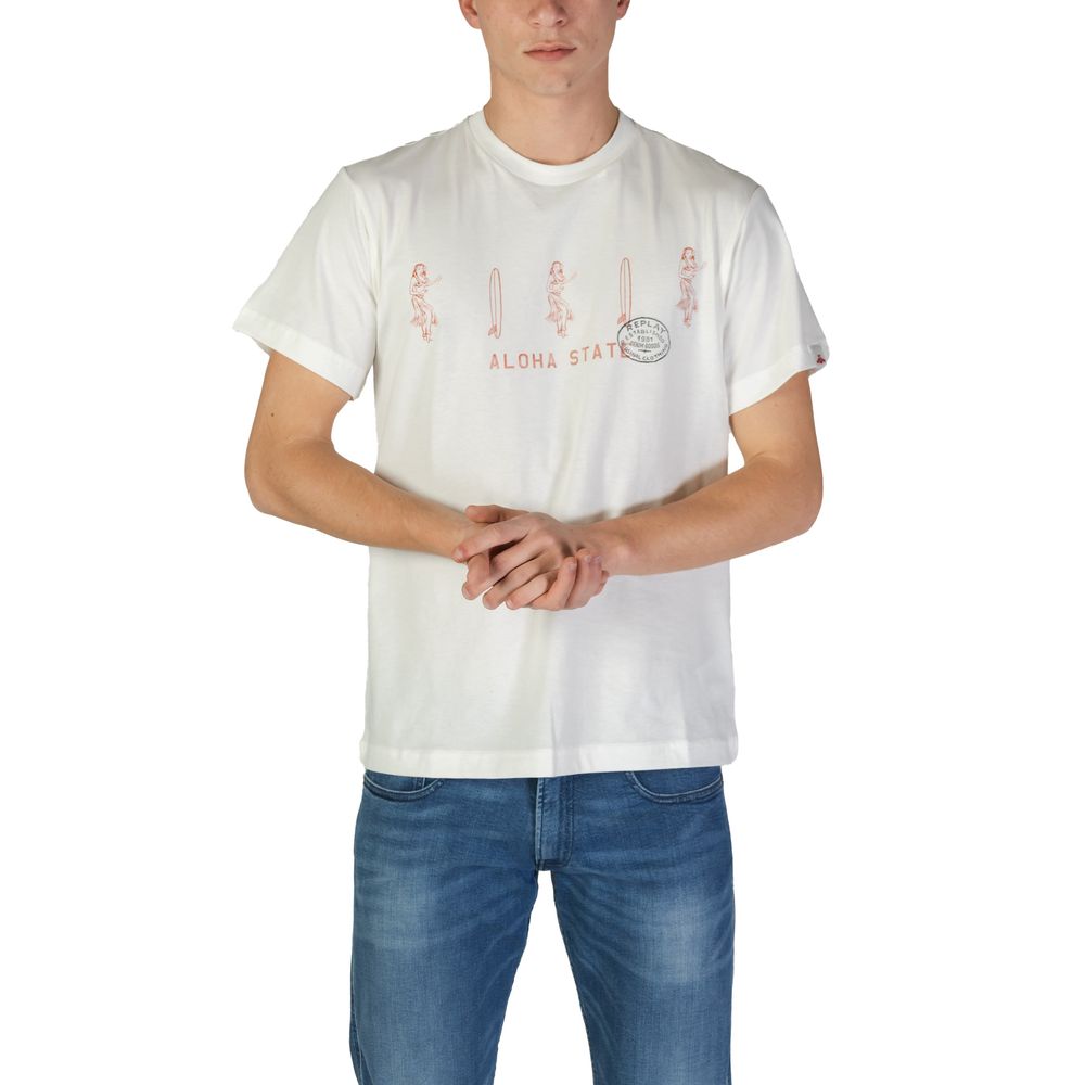 A mannequin wearing a white cotton t-shirt with graphic design on front