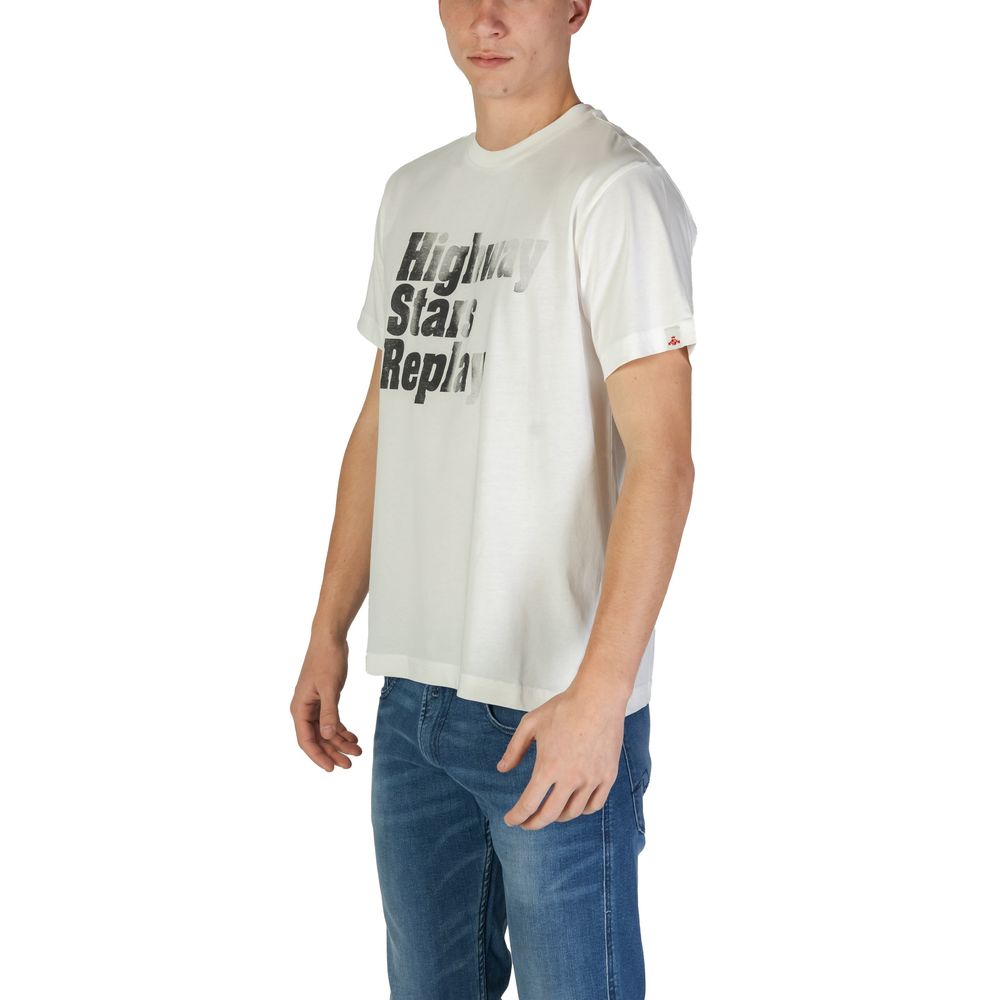 A white cotton t-shirt with black text on it